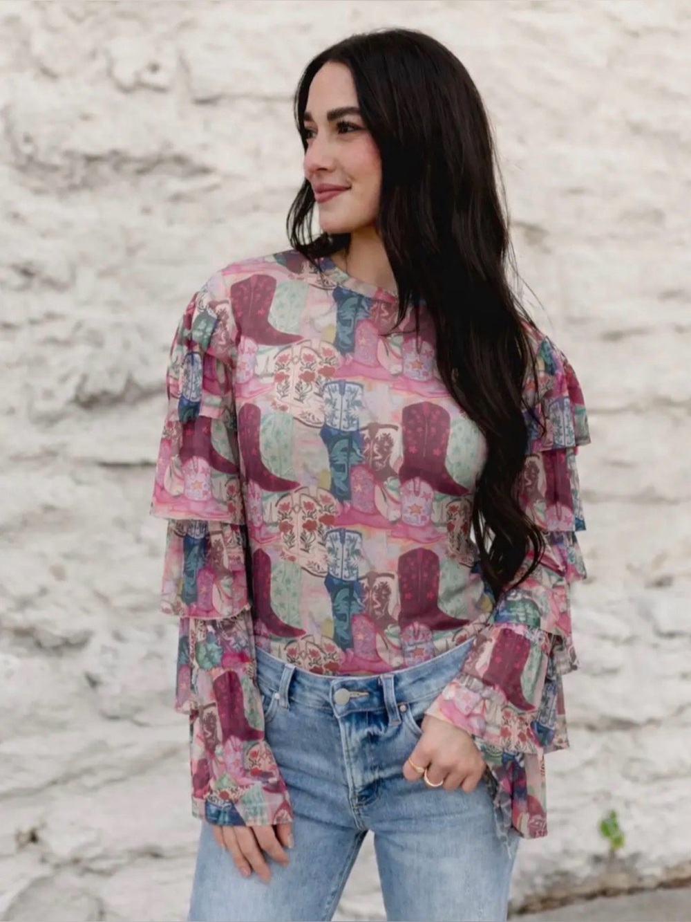Western boots Boho Floral Tiered Ruffle Long-Sleeve Top  sheer Turquoise haven